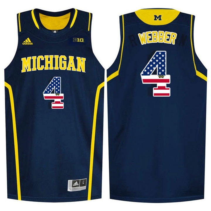 Michigan Wolverines Men's NCAA Chirs Webber #4 Navy Blue USA Flag College Basketball Jersey VXV5649SF